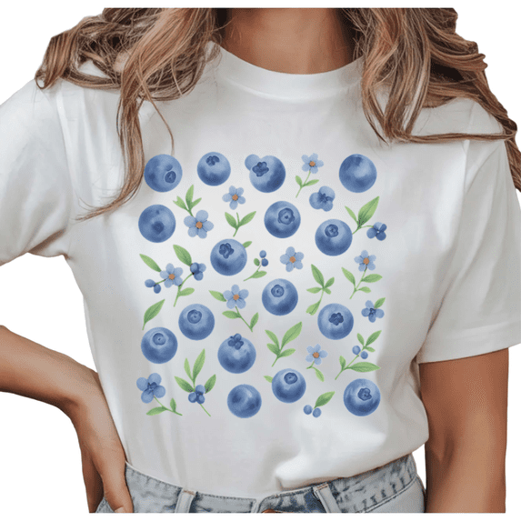 Women's Blueberry & Floral Pattern Graphic Fresh Minimalist Casual T Shirt Breathable Short Sleeve Round Neck Top White S-5XL