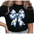 thumbnail image 1 of Women's Blueberry Pattern Bow Graphic Coquette Fresh Casual Breathable T Shirt Short Sleeve Round Neck Top Black S-5XL, 1 of 5