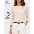 thumbnail image 1 of Women's Boat Neck 3/4 Sleeve T-Shirt, Cotton Modal Slim Fit Top, Beige, S, 1 of 7