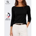 thumbnail image 1 of Women's Boat Neck 3/4 Sleeve T-Shirt, Cotton Modal Slim Fit Top, Black, XL, 1 of 8
