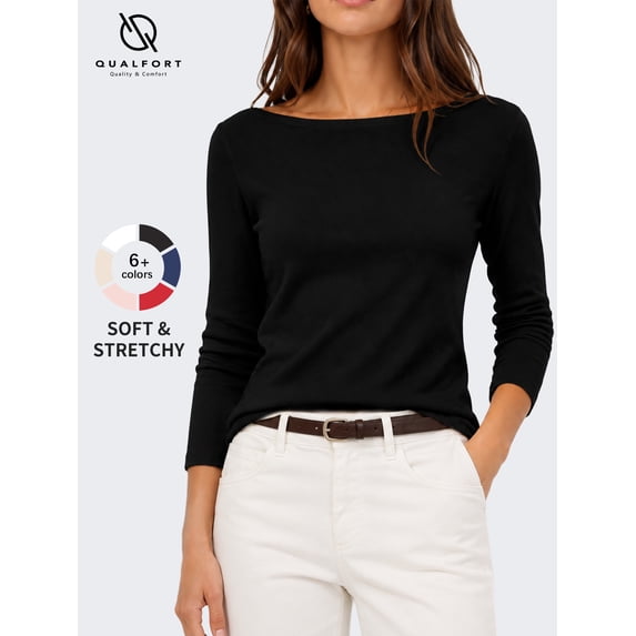 Women's Boat Neck 3/4 Sleeve T-Shirt, Cotton Modal Slim Fit Top, Black, XL
