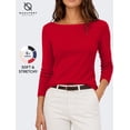 thumbnail image 1 of Women's Boat Neck 3/4 Sleeve T-Shirt, Cotton Modal Slim Fit Top, Red, XL, 1 of 8