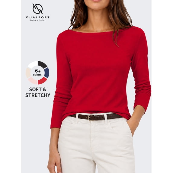 Women's Boat Neck 3/4 Sleeve T-Shirt, Cotton Modal Slim Fit Top, Red, XL