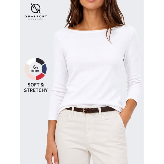 Women's Boat Neck 3/4 Sleeve T-Shirt, Cotton Modal Slim Fit Top, White, L