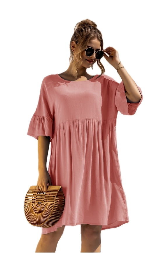 Women's Boat Neck Flounce Sleeve Knee Length Dress with 95% Polyester 5% Spandex Fabric for Casual Everyday Wear