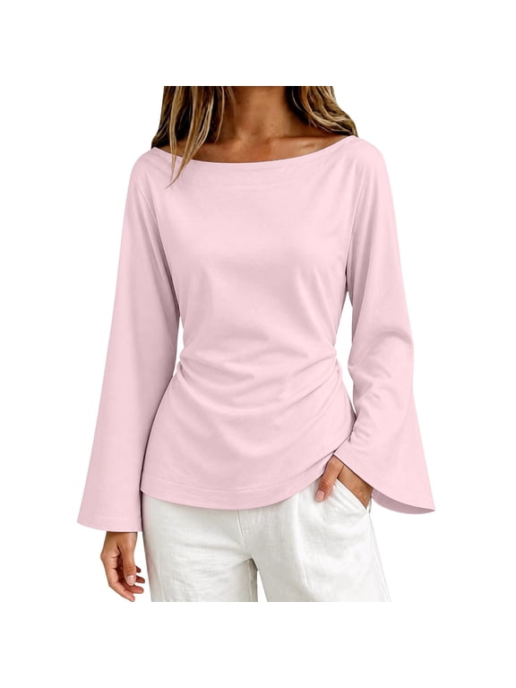 Women's Boat Neck Long Bell Sleeve Top,Tie Back Cinched Waist Blouse,Soft Draped Flare Sleeve Shirt,Adjustable Back Tie Waist Wrap Top,Elegant Dressy Casual Work Blouse for Going Out Light Pink