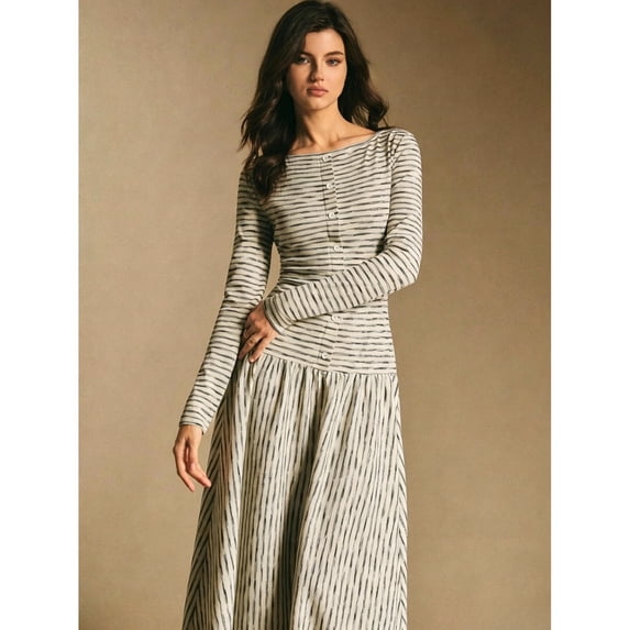 Women's Boat Neck Long Sleeve Button Front Tiered Midi Dress Elegant Casual Dress