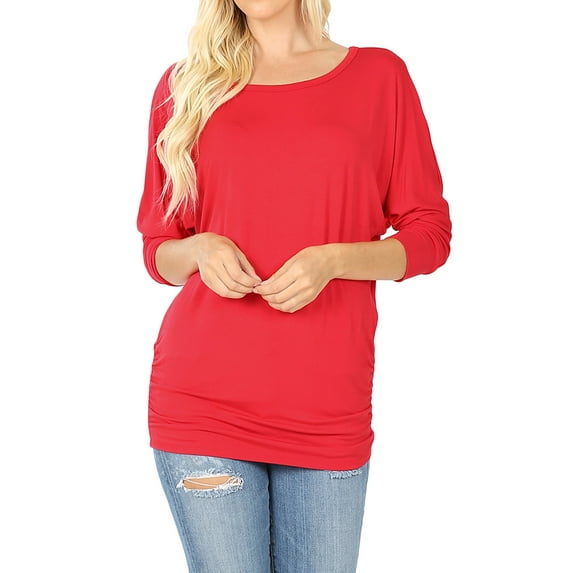 Women's Boat Neck Ruched Shirred Side 3/4 Dolman Sleeve Blouse Top