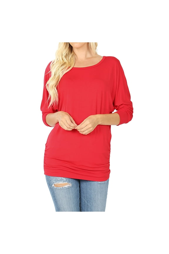 Women's Boat Neck Ruched Shirred Side 3/4 Dolman Sleeve Blouse Top