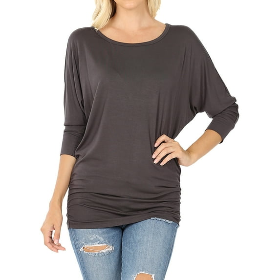 Women's Boat Neck Ruched Shirred Side 3/4 Dolman Sleeve Blouse Top