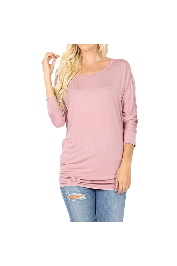 Women's Boat Neck Ruched Shirred Side 3/4 Dolman Sleeve Blouse Top
