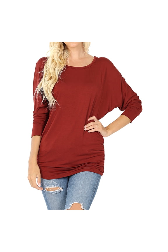 Women's Boat Neck Ruched Shirred Side 3/4 Dolman Sleeve Blouse Top