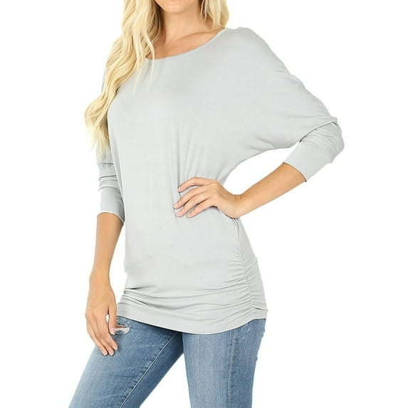 Women's Boat Neck Ruched Shirred Side 3/4 Dolman Sleeve Blouse Top