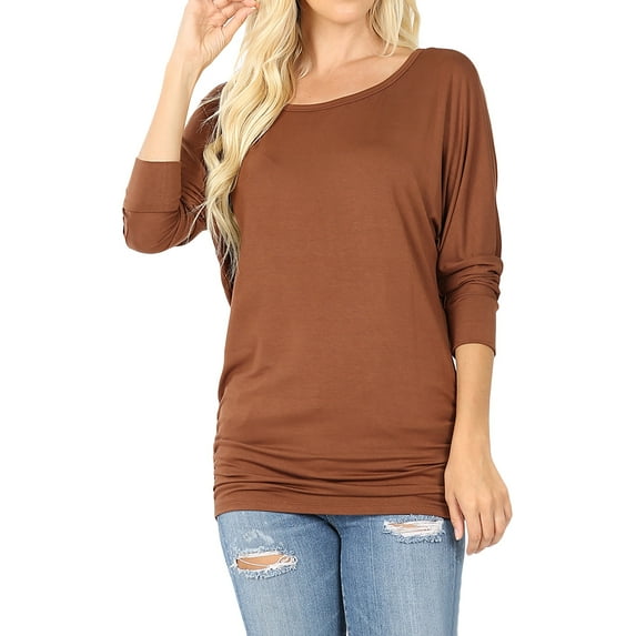 Women's Boat Neck Ruched Shirred Side 3/4 Dolman Sleeve Blouse Top