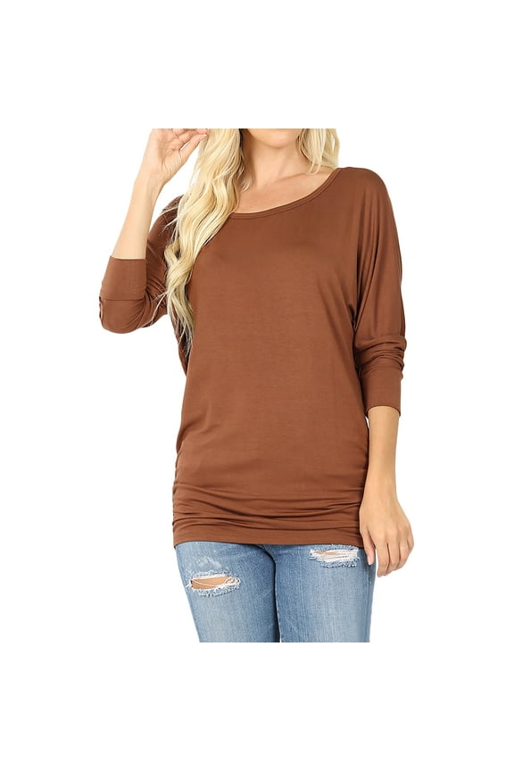 Women's Boat Neck Ruched Shirred Side 3/4 Dolman Sleeve Blouse Top