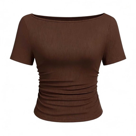 Women's Boat Neck Short Sleeve Top Ribbed Knit Ruched Side Bodycon Going Out Shirts Summer Fashion 2026 Solid Color Slash Neck Fitted T-Shirt for Date Night Trendy Tops