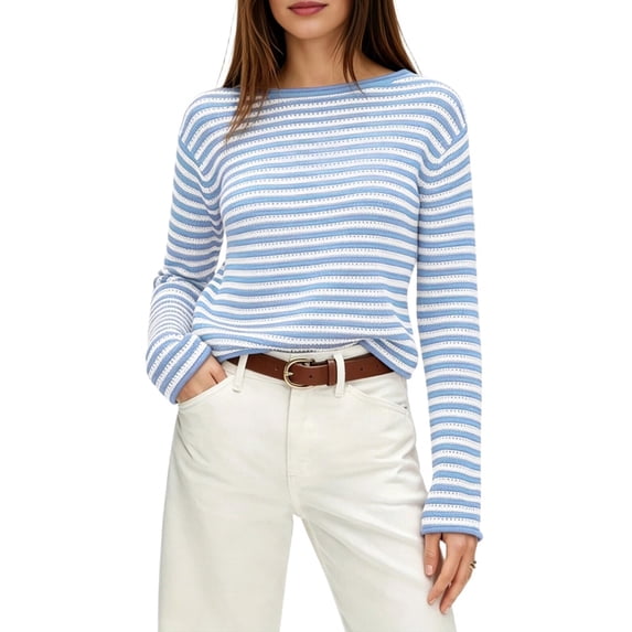 Women's Boat Neck Striped Open Knit Relaxed Fit Pullover Sweater Blue XL
