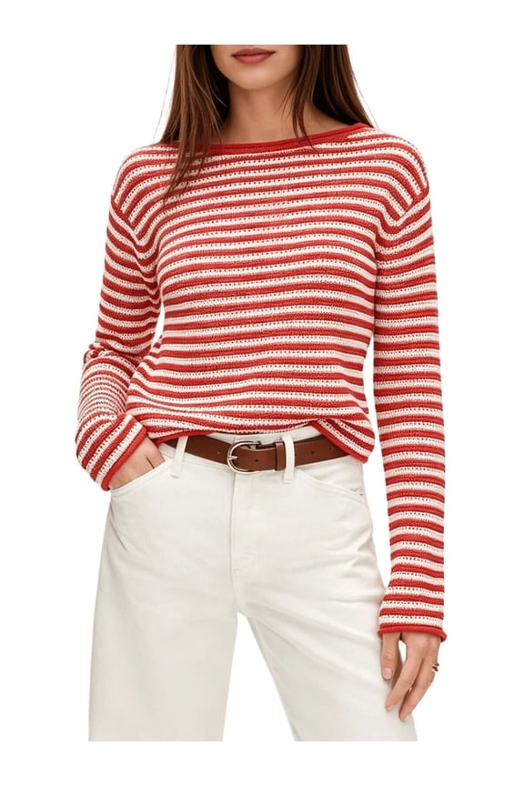 Women's Boat Neck Striped Open Knit Relaxed Fit Pullover Sweater Red M