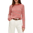 thumbnail image 1 of Women's Boat Neck Striped Open Knit Relaxed Fit Pullover Sweater Red S, 1 of 9