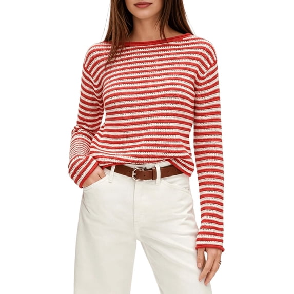 Women's Boat Neck Striped Open Knit Relaxed Fit Pullover Sweater Red S