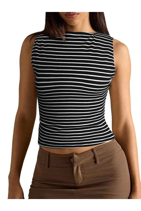 Women's Boat Neck Striped Ribbed Slim Fit Cropped Sleeveless Tank Top Black XL