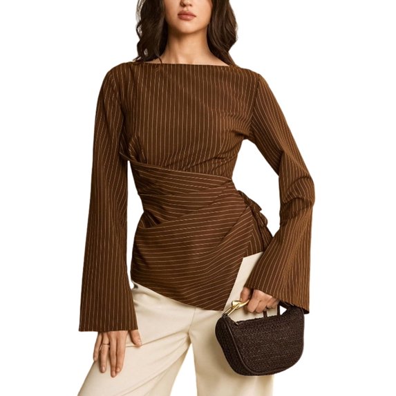 Women's Boat Neck Striped Tie Wrap Waist Irregular Flare Long Sleeve Shirt Blouse Brown XXL