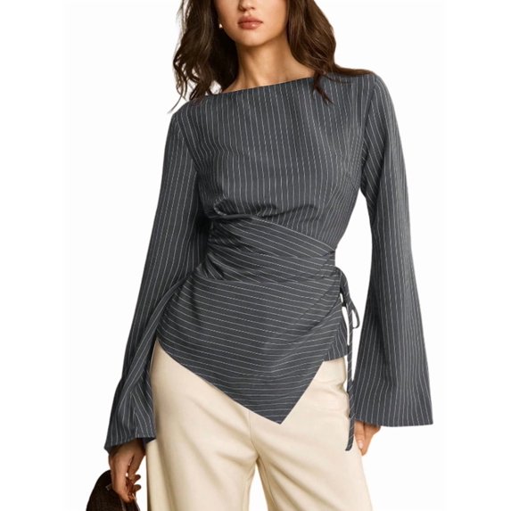 Women's Boat Neck Striped Tie Wrap Waist Irregular Flare Long Sleeve Shirt Blouse Gray M