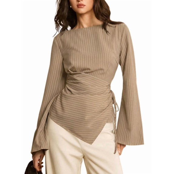 Women's Boat Neck Striped Tie Wrap Waist Irregular Flare Long Sleeve Shirt Blouse Khaki S