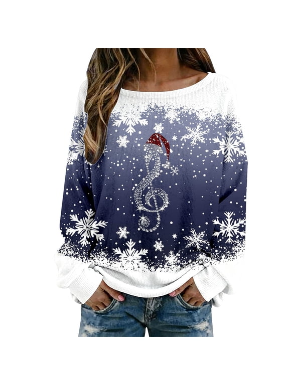 Women's Boat Neck T-Shirt with Musical Note Snowflake Print Loose Long Sleeve Tee Christmas Holiday Casual Style Top