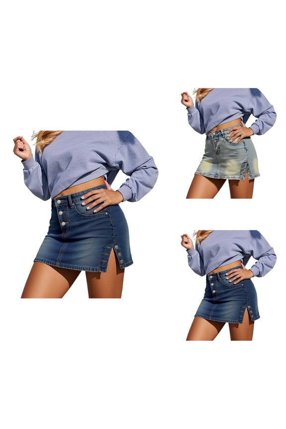 Women’s Bodycon Denim Mini Skirt, High Waist Casual Washed Stretchy Jean Skirts with Pockets, Frayed Detail