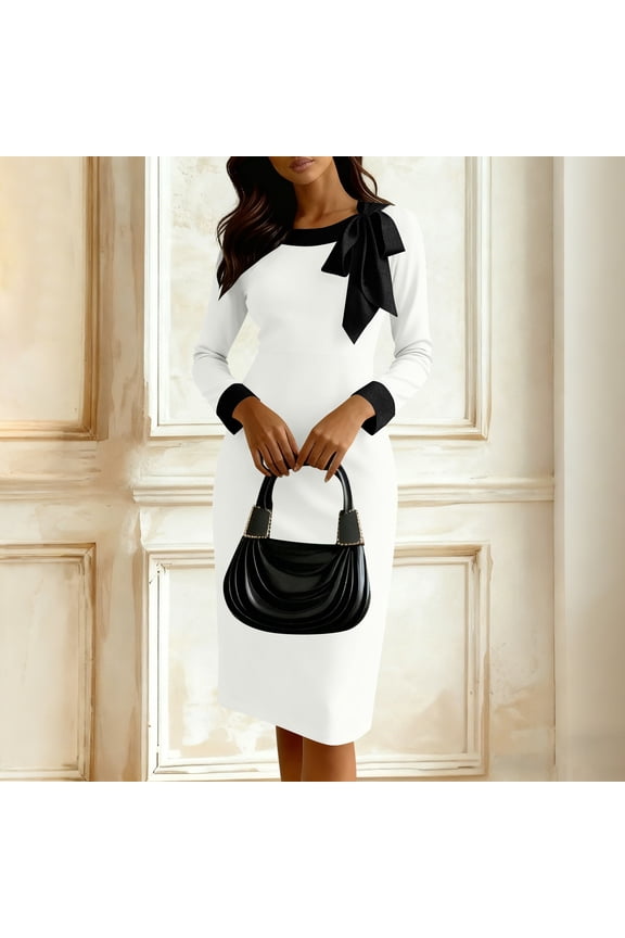 Women's Bodycon Dress, Long Sleeve Bandage Dress for Women, Casual Fall Party Dress with Round Neck, Knee-Length Bodycon Midi Dress