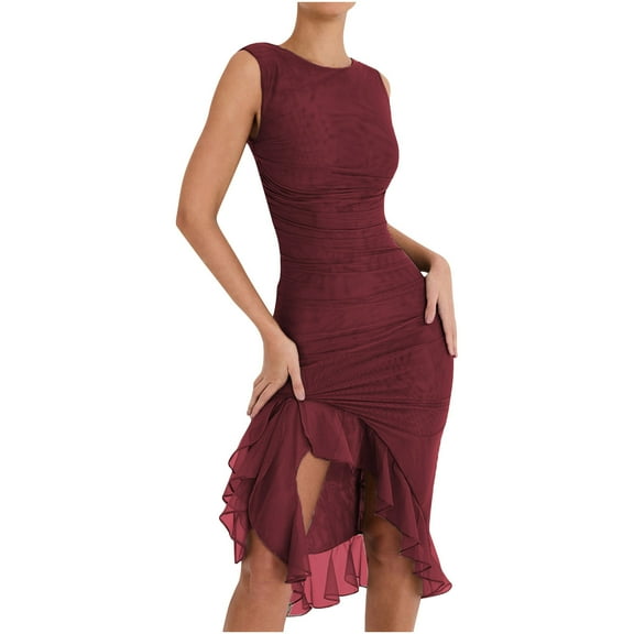 ZQUUVOU Women's Bodycon Dress Sleeveless Round Neck Knee Length Dress Burgundy