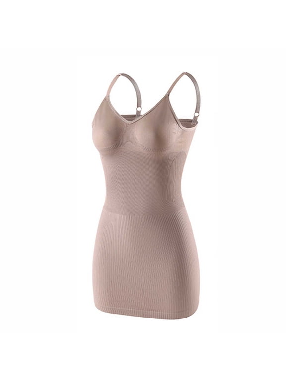 Women's Bodycon Dress V Neck Ribbed Slip Shapewear Stretchy Tummy Control Mini Dresses for Going Out Party Beige 2XL