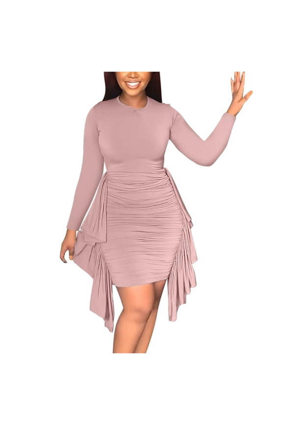 Women's Bodycon Dresses Midi Work Pencil Dress Tea Party Long Sleeve Dress Church Cocktail Irregular Ruffle Ruched Dresses