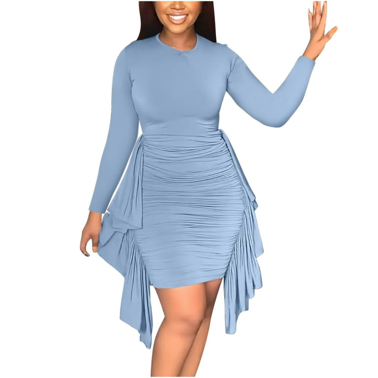 Women's Bodycon Dresses Midi Work Pencil Dress Tea Party Long Sleeve Dress  Church Cocktail Irregular Ruffle Ruched Dresses - Walmart.com