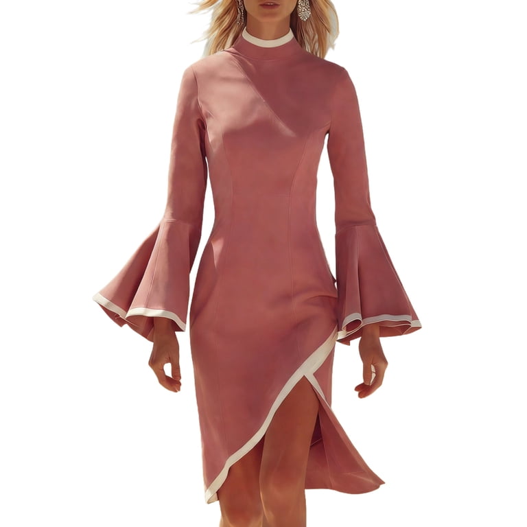 Women's Bodycon High Neck Midi Dress Bell Long Sleeves Side Slit Wedding Guest Cocktail Dresses
