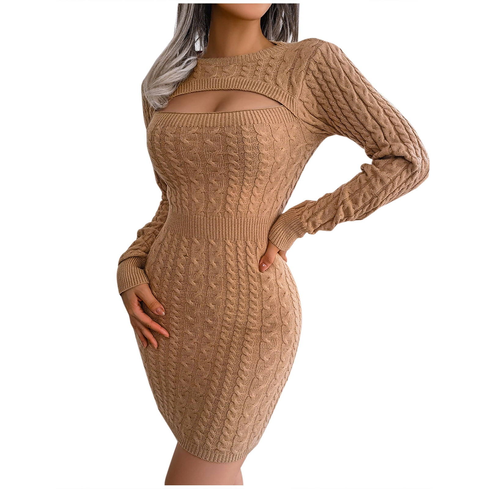 Women's Bodycon Knit Mini Dress Crewneck Long Sleeve Wrap Dress Cut out  Slim Fit Stretchy Mini Sweater Dress - Walmart.com