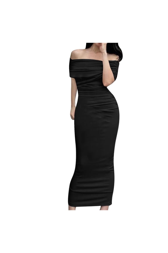 Women's Bodycon Long Dresses Summer Sexy Strapless Dress Ribbed Elegant Solid Color Casual Cocktail Party Dresses