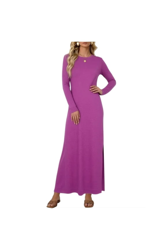 Women's Bodycon Maxi Dress Solid Color Long Sleeve Side Slit Dresses Fitted Tight Basic Party Club Cocktail Purple