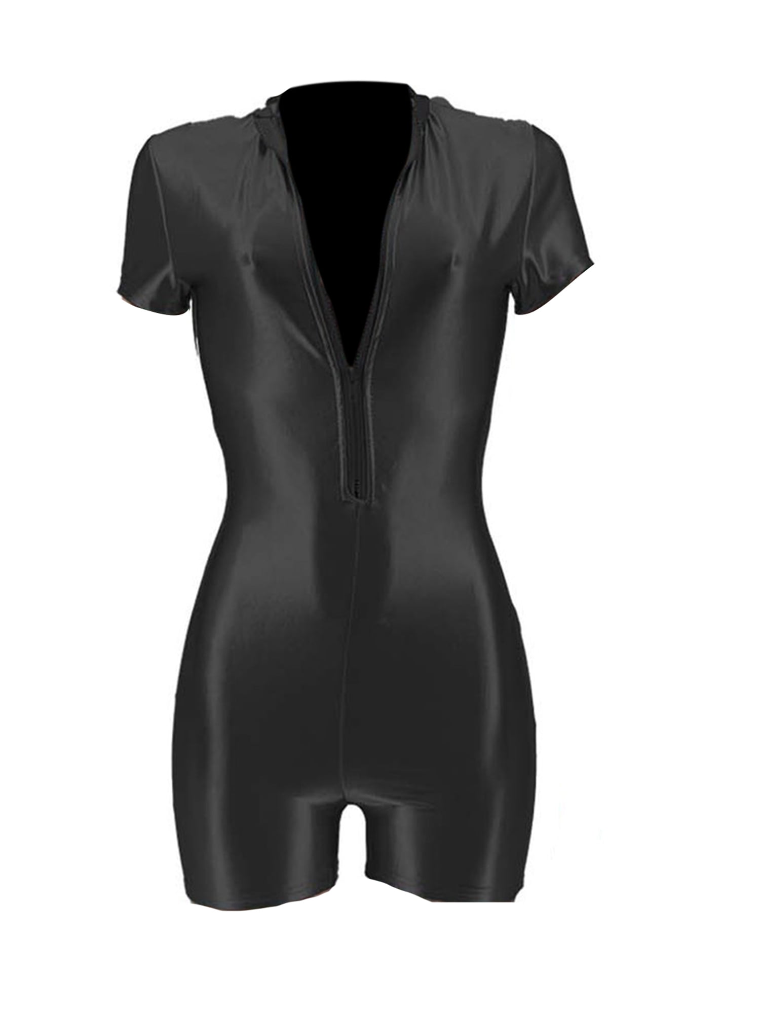 Women's Bodycon Metallic Romper Skinny Summer Shorts Jumpsuit Short Sleeve Lapel Zipper Bodysuit