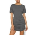 thumbnail image 1 of Women's Bodycon Mini Dress Drawstring Ruched Short Sleeve Crew Neck Slim Fitting Short Dresses for Party Dark Gray XL, 1 of 7