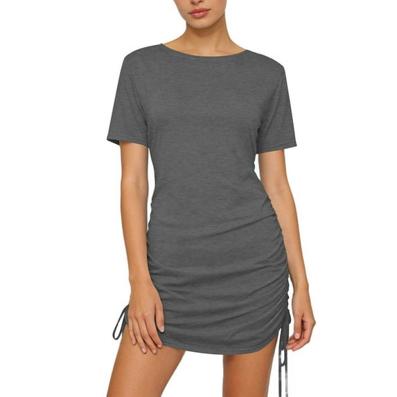 Women's Bodycon Mini Dress Drawstring Ruched Short Sleeve Crew Neck Slim Fitting Short Dresses for Party Dark Gray XL