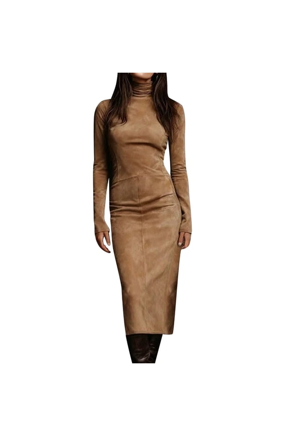 Women's Bodycon Pencil Dress High Neck Ruched Elastic Waist Long Sleeve Suede Dress Vintage Midi Dresses
