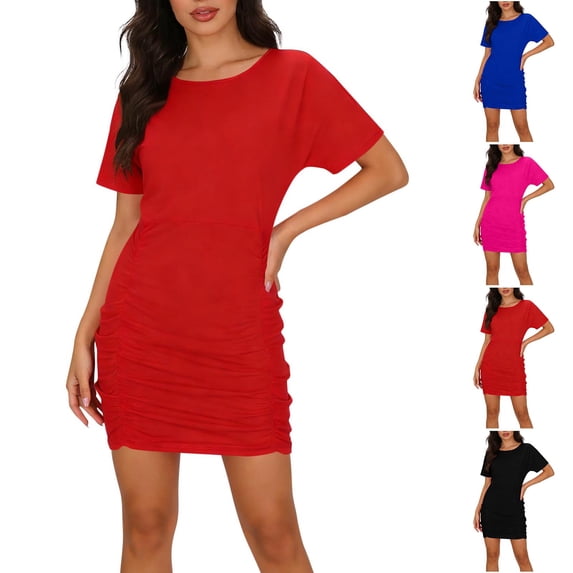 Women's Bodycon Ruched Basic Short Dress Crew Neck Slim Fit Casual Trendy Solid Color Dresses Red