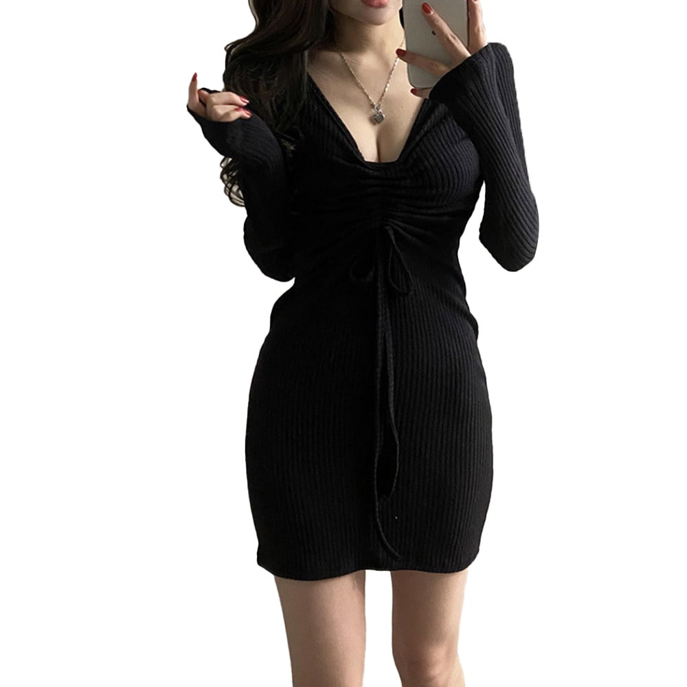 Women's Bodycon Ruched Deep V Neck Drawstring Mini Club Party Dresses