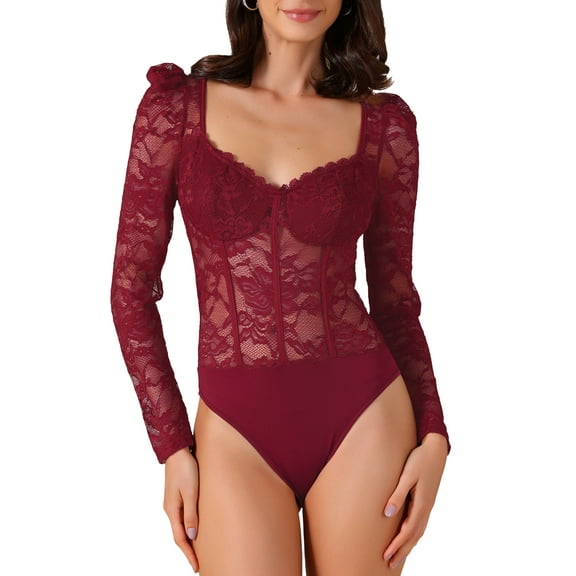 INSPIRE CHIC Women's Corset Sheer Design Long Sleeve Versatile Lace Bodysuit M Red