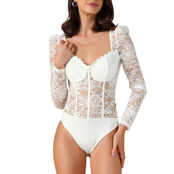 INSPIRE CHIC Women's Corset Sheer Design Long Sleeve Versatile Lace Bodysuit M White