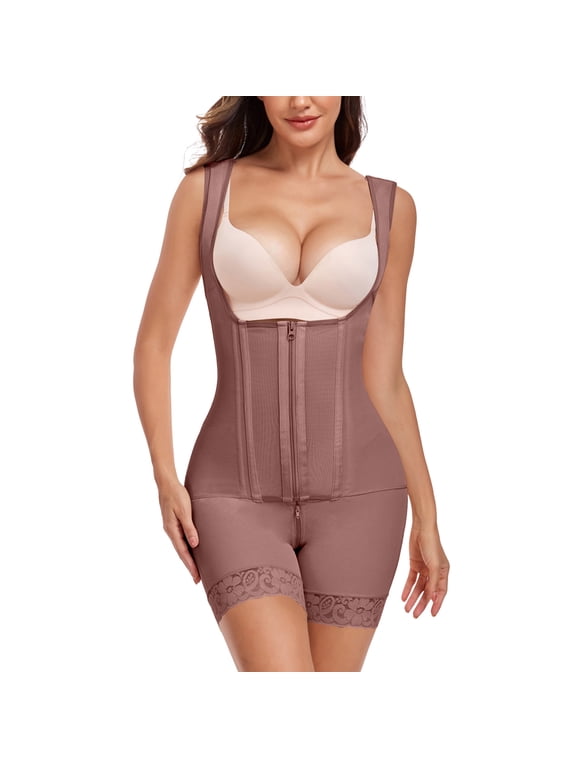 Women's Bodysuit Front Zip Open Bust Shapewear Boning Waist Trainer Postpartum Bridal Full Body Shaper S