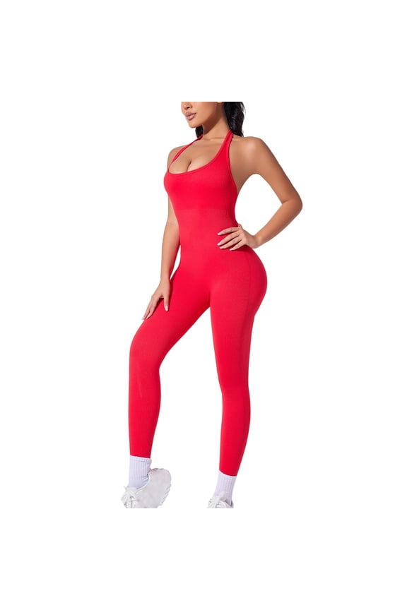 Women's Bodysuit Shapewear Halter Ribbed Full-Length Jumpsuit Workout Butt Lifting Tummy Control Body Shaper M
