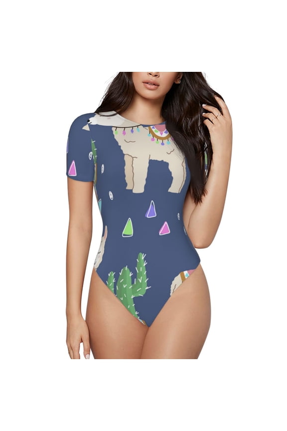 Women's Bodysuit Short Sleeves Casual Bodysuit Tee Tops T-shirts, Cute Alpaca Cactus Peru Llama